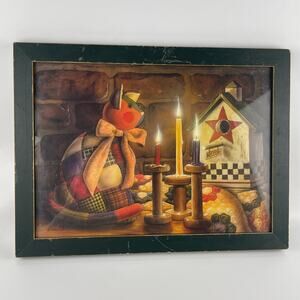 Homespun Style Cat Candle Birdhouse Art Print Green Frame 15 5/8 x 11 3/4 x 3/4